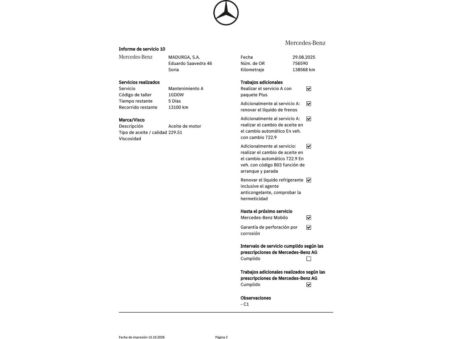 Foto del mantenimiento del Mercedes Clase C Mercedes Clase C 220 BlueTEC Avantgarde (170 CV)
