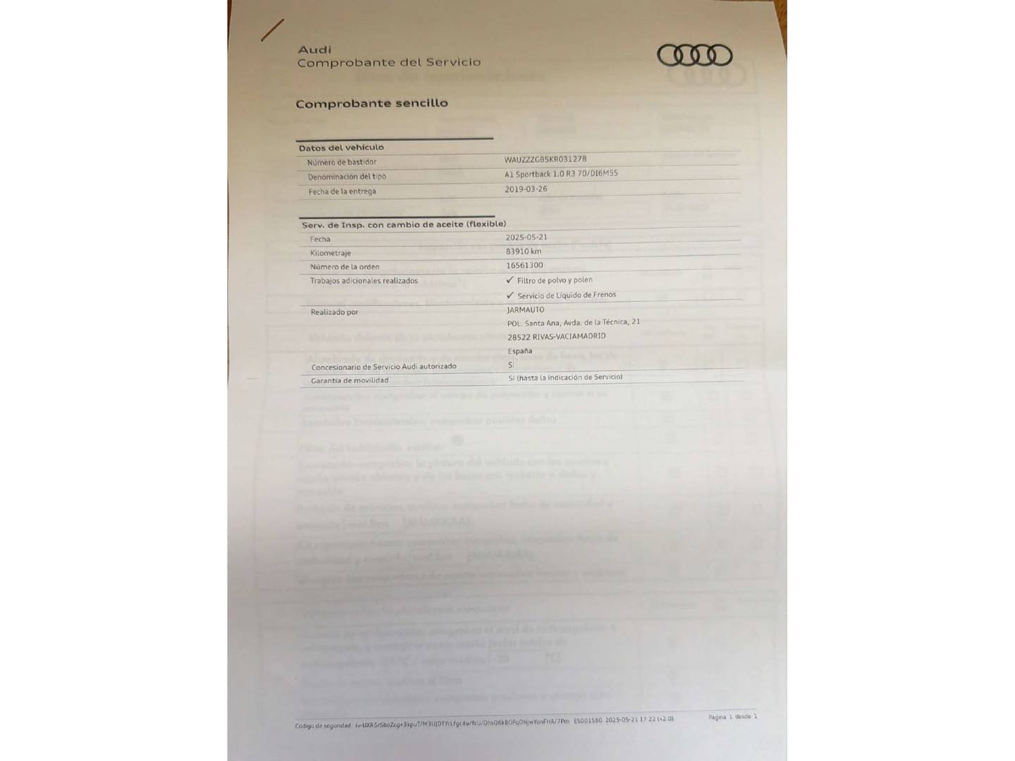 Foto del mantenimiento del Audi A1 Audi A1 Sportback Advanced 25 TFSI (95 CV)