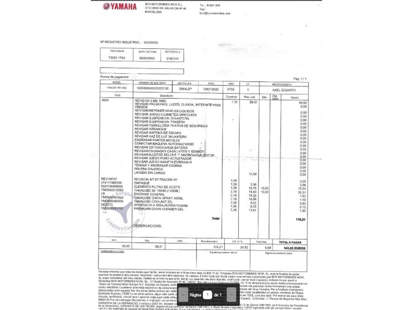 Foto del mantenimiento del Yamaha Tracer 7 Yamaha Tracer 7 Tracer 7 (73 cv)
