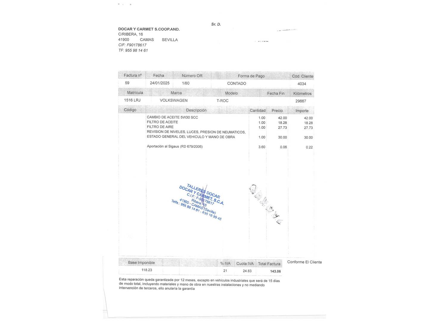 Foto del mantenimiento del Volkswagen T-Cross Volkswagen T-Cross Edition 1.0 TSI (95 CV)