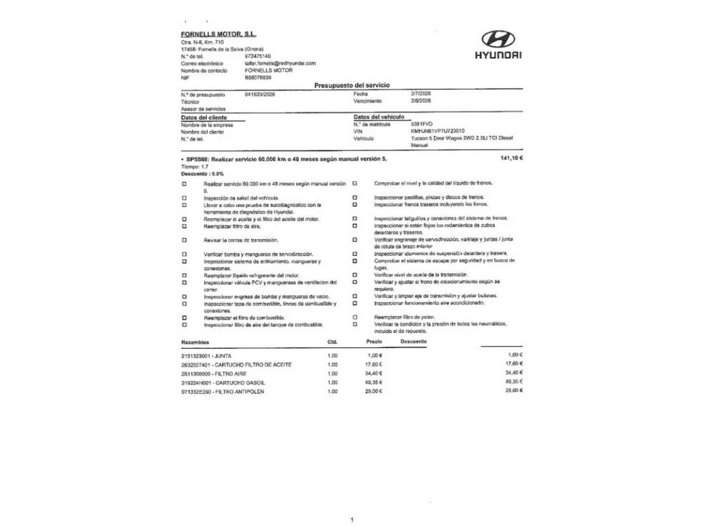 Foto del mantenimiento del Hyundai Tucson Hyundai Tucson 2.0 CRDi Comfort 4x2 (140 CV)