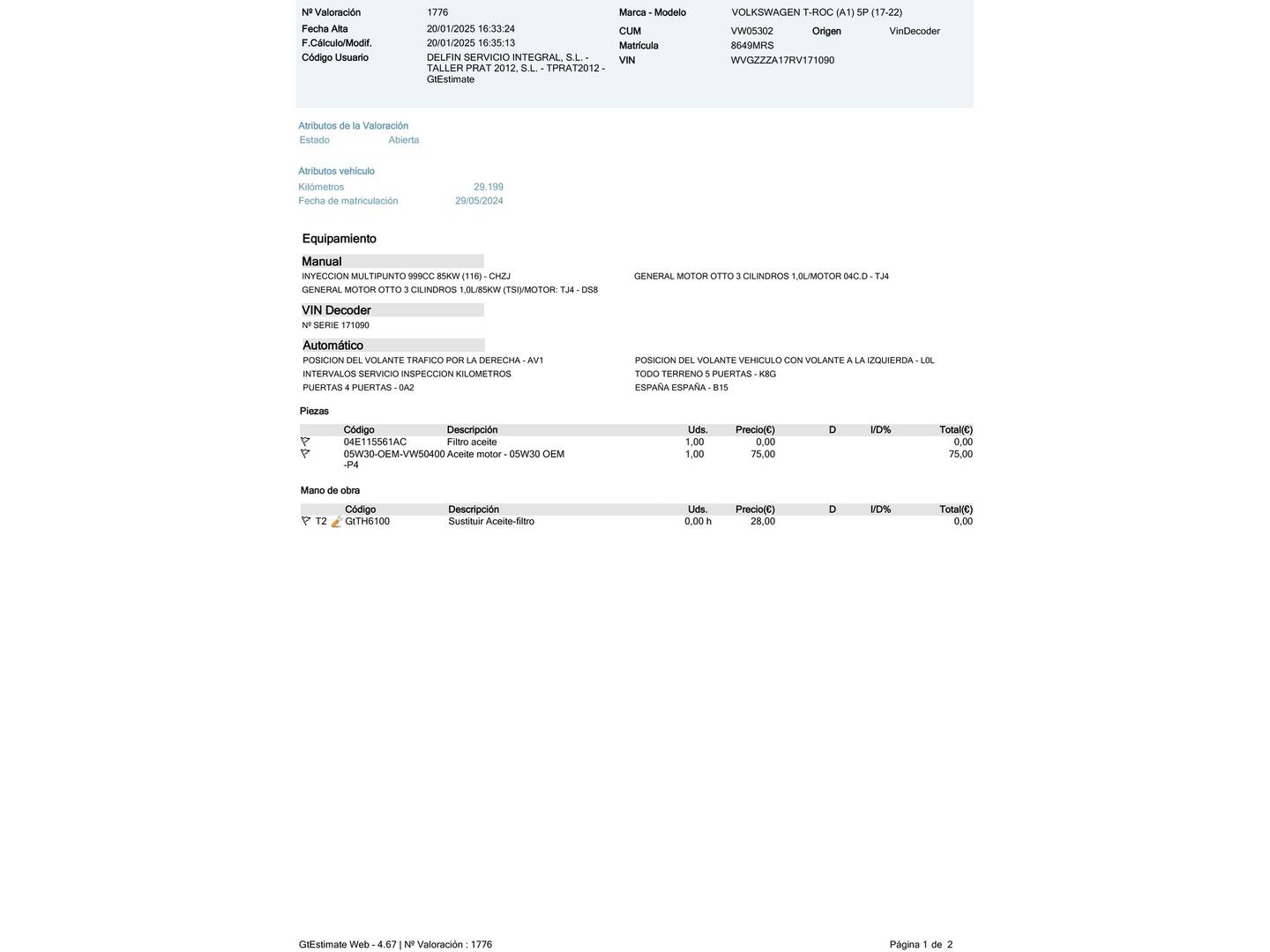 Foto del mantenimiento del Volkswagen T-Roc Volkswagen T-Roc Life 1.0 TSI (115 CV)