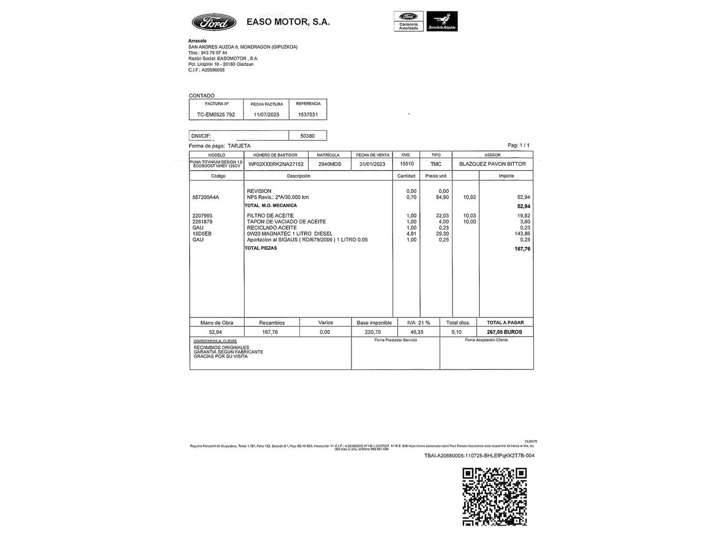 Foto del mantenimiento del Ford Puma Ford Puma 1.0 EcoBoost MHEV Titanium Design (125 CV)