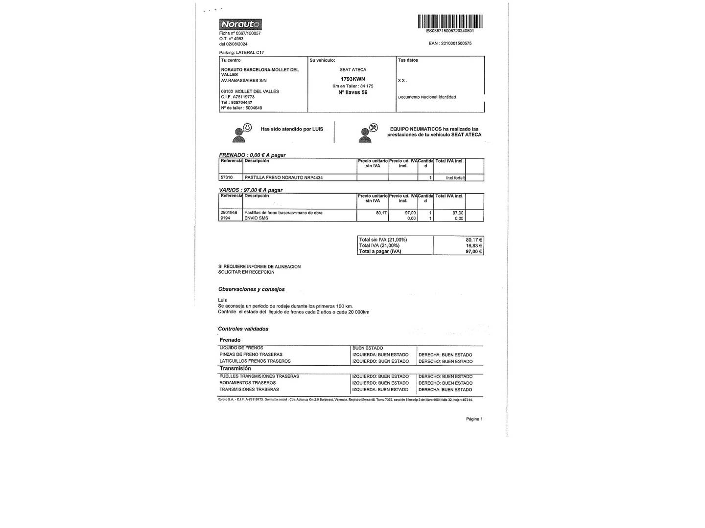 Foto del mantenimiento del Seat Ateca Seat Ateca 1.0 TSI S&S Ecomotive Style (115 CV)