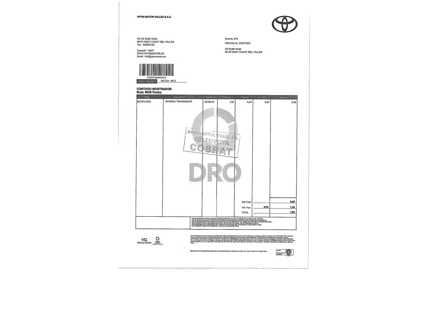 Foto del mantenimiento del Toyota Corolla Toyota Corolla 125H Active E-CVT (122 CV)