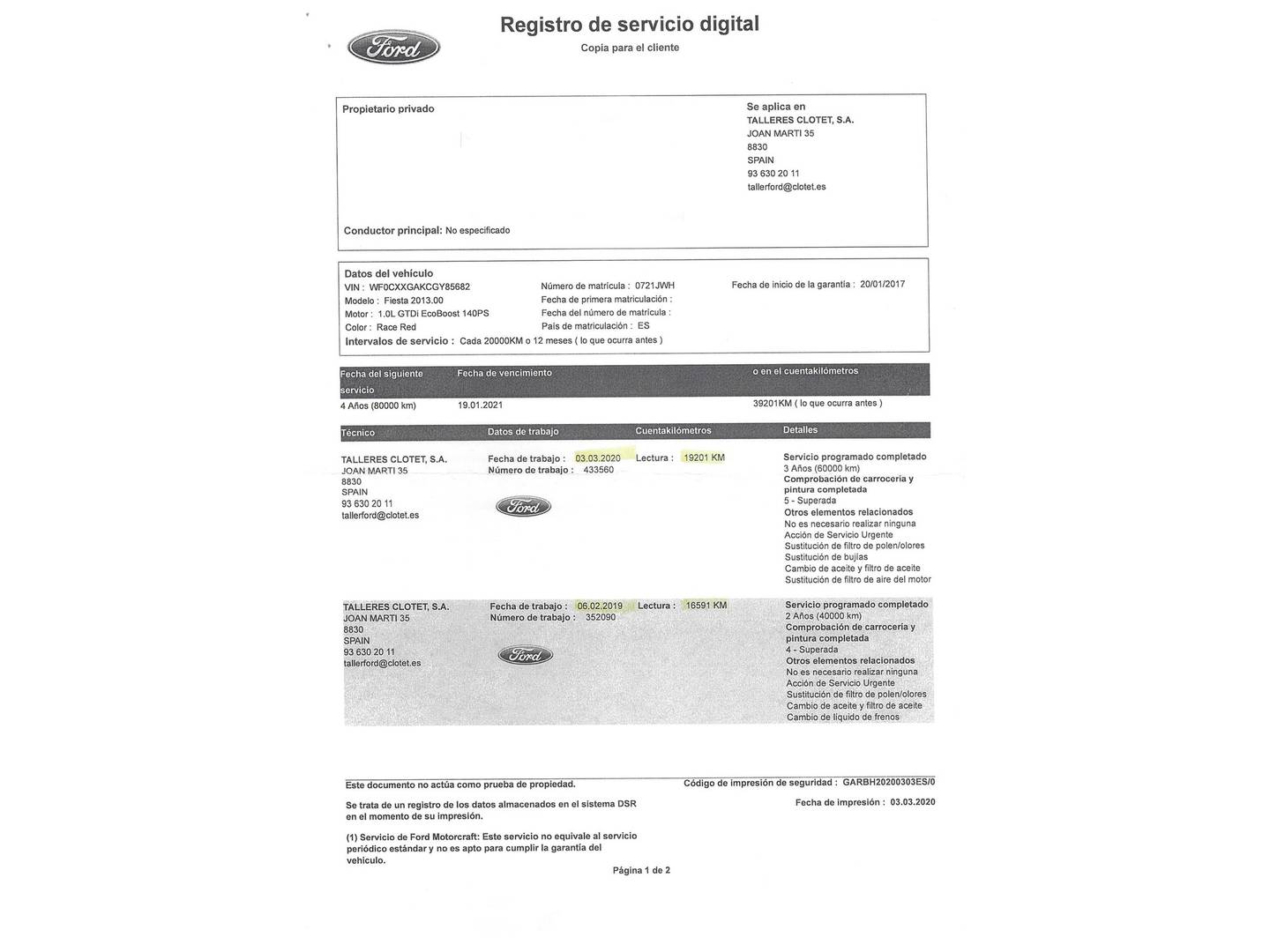Foto del mantenimiento del Ford Fiesta Ford Fiesta 1.0 EcoBoost S&S ST-Line (140 CV)