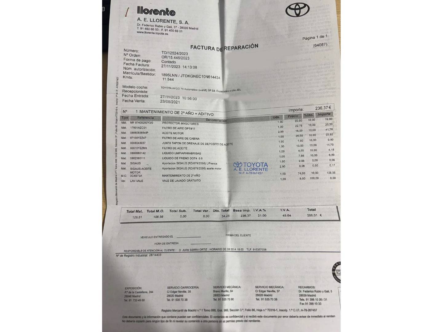 Foto del mantenimiento del Toyota Aygo Toyota Aygo 1.0 70 x-cite JBL (72 CV)