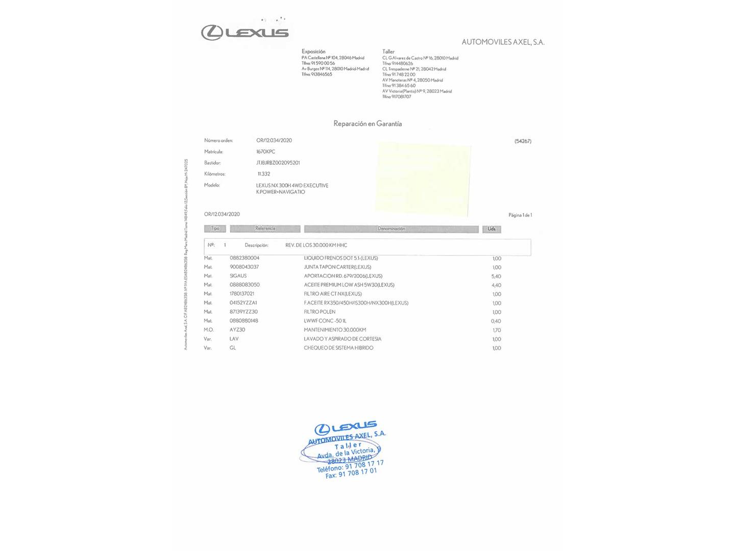 Foto del mantenimiento del Lexus NX Lexus NX NX 300h Luxury 4WD (197 CV)