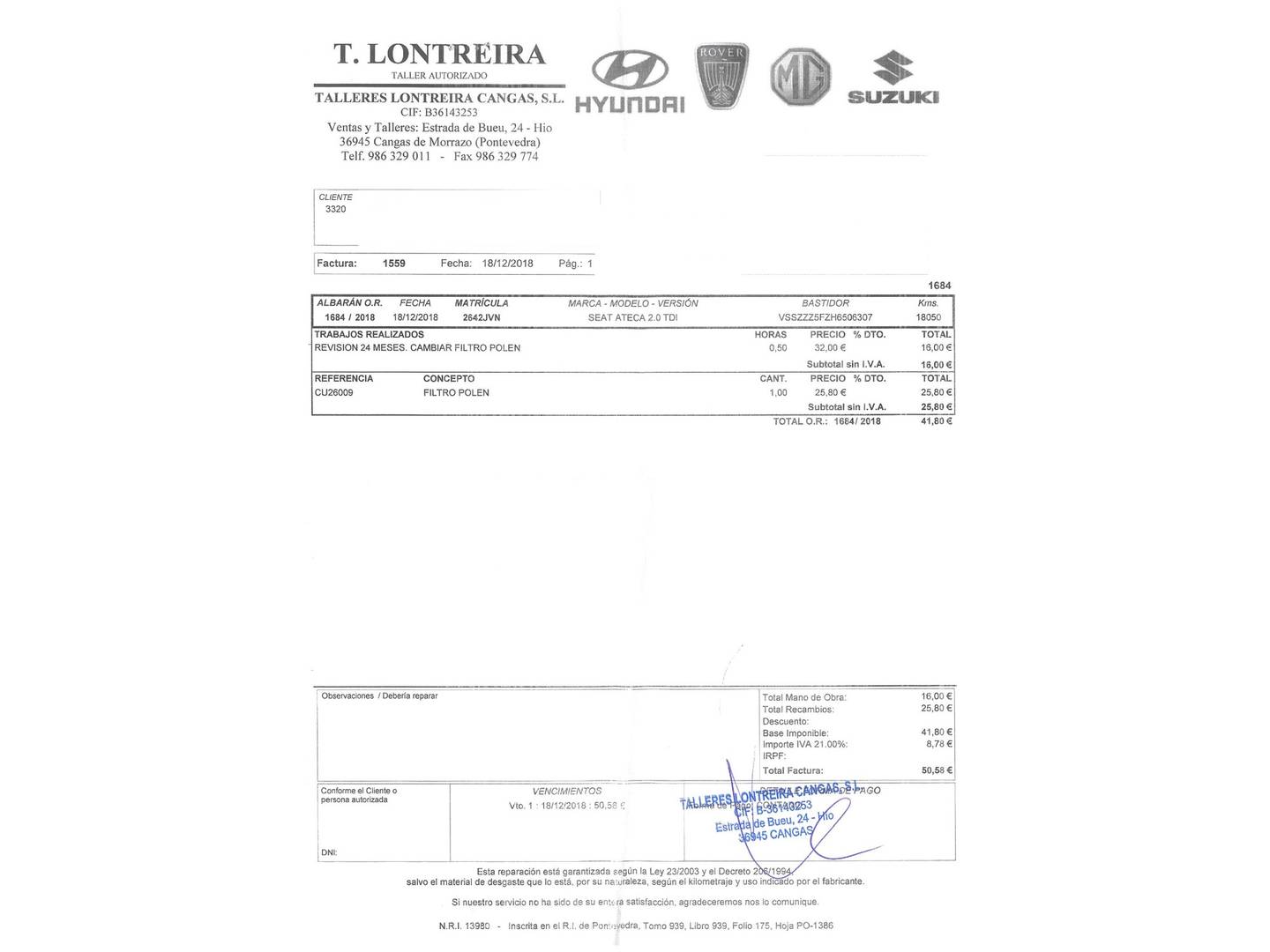 Foto del mantenimiento del Seat Ateca Seat Ateca 2.0 TDI S&S Xcellence 4Drive (150 CV)