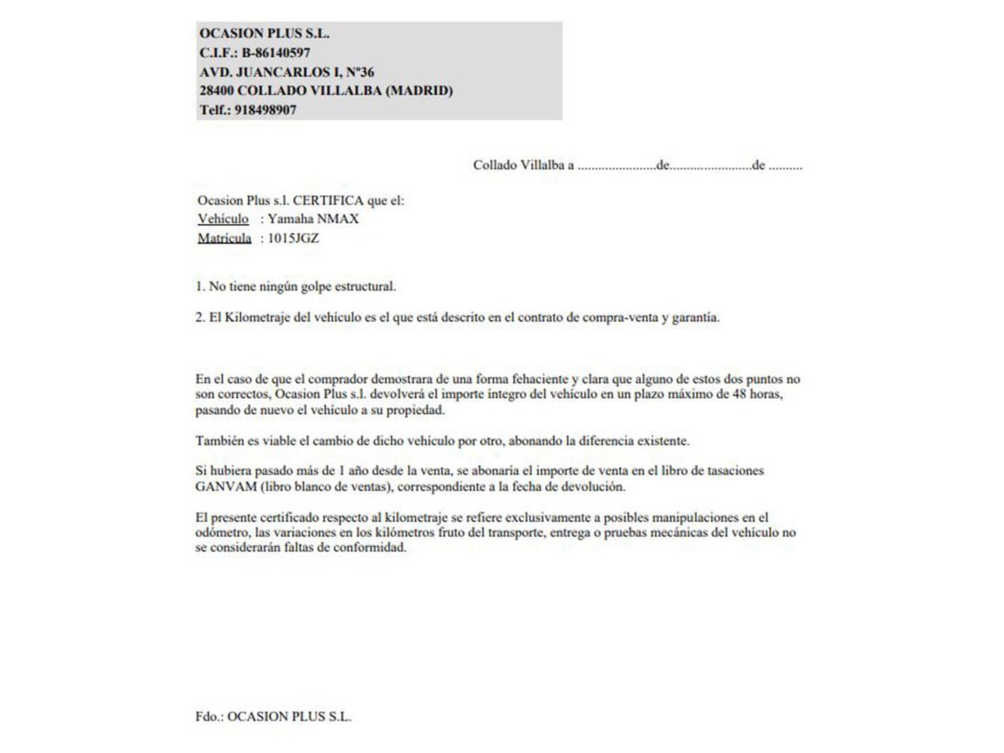 Foto del certificado del Yamaha NMAX 125 Yamaha NMAX 125 (12 CV)