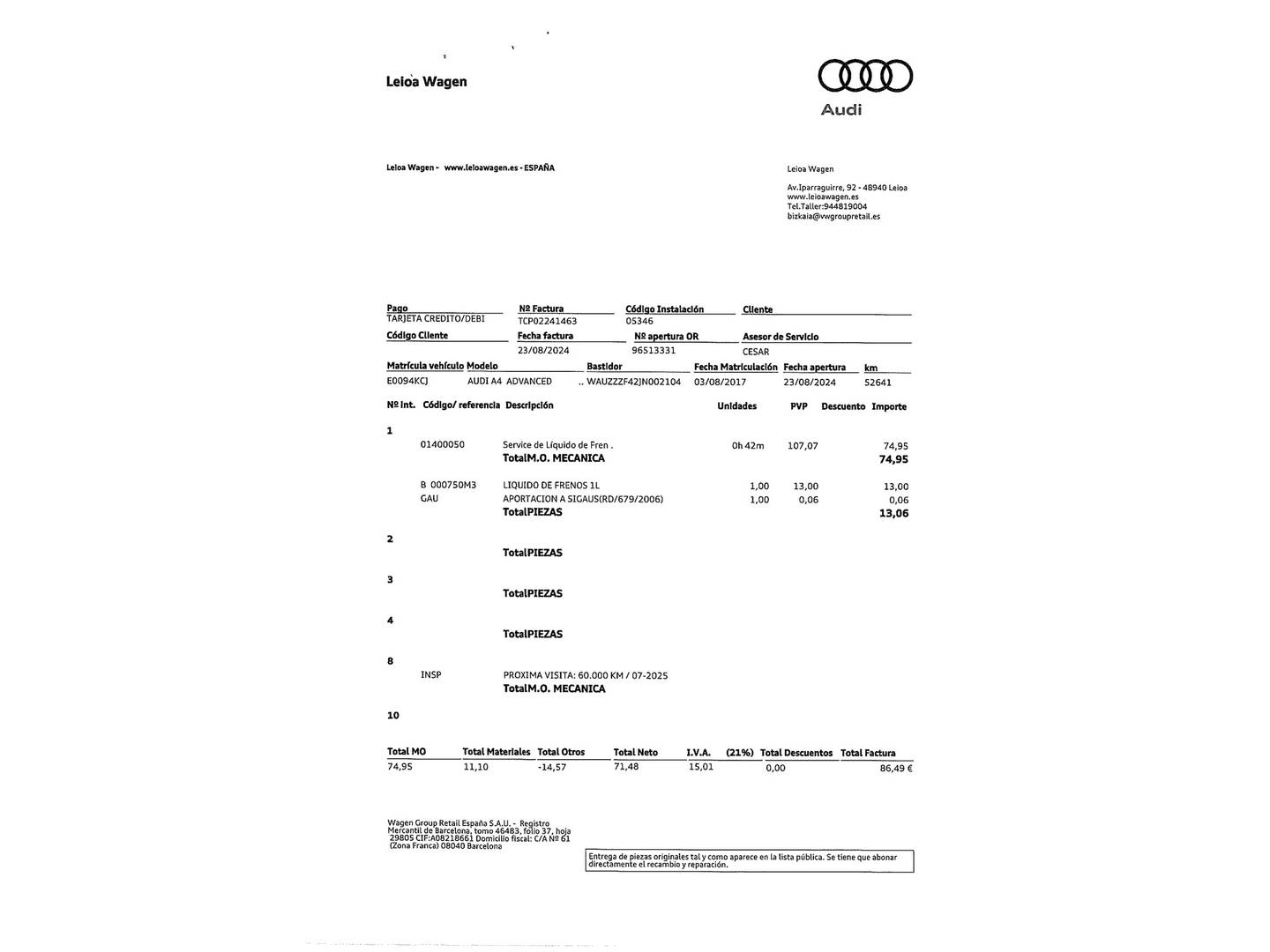 Foto del mantenimiento del Audi A4 Audi A4 Advanced edition 2.0 TDI quattro (190 CV) S tronic