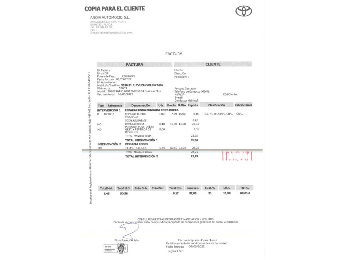 Foto del mantenimiento del Volvo XC60 Volvo XC60 T4 Business Plus Auto (190 CV)