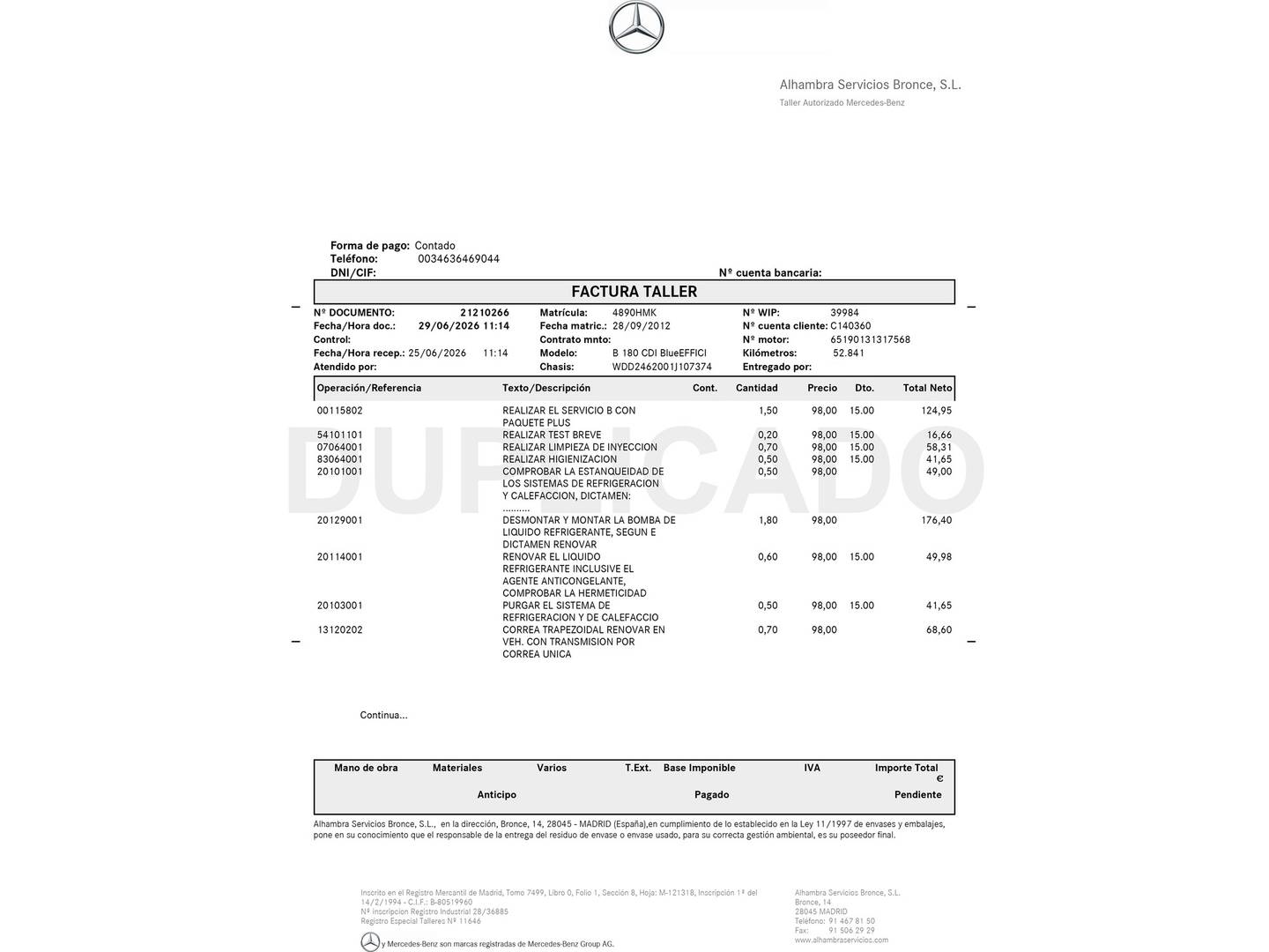 Foto del mantenimiento del Mercedes Clase B Mercedes Clase B B 180 CDI (109 CV)