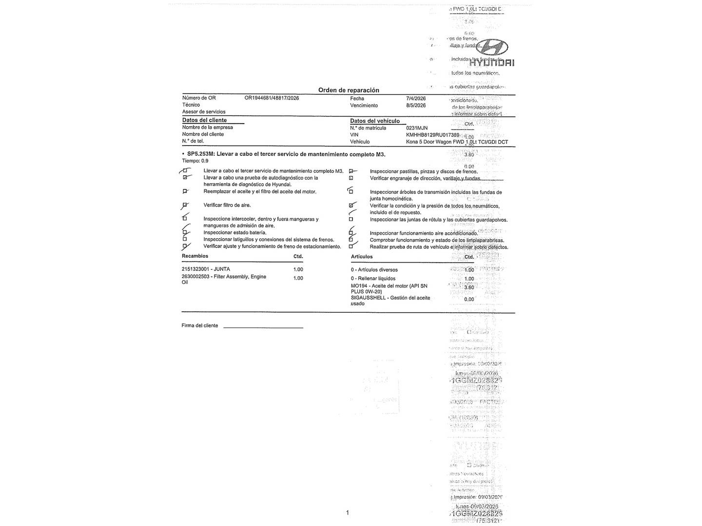 Foto del mantenimiento del Hyundai Kona Hyundai Kona 1.0 TGDi Maxx 4x2 DCT (120 CV)