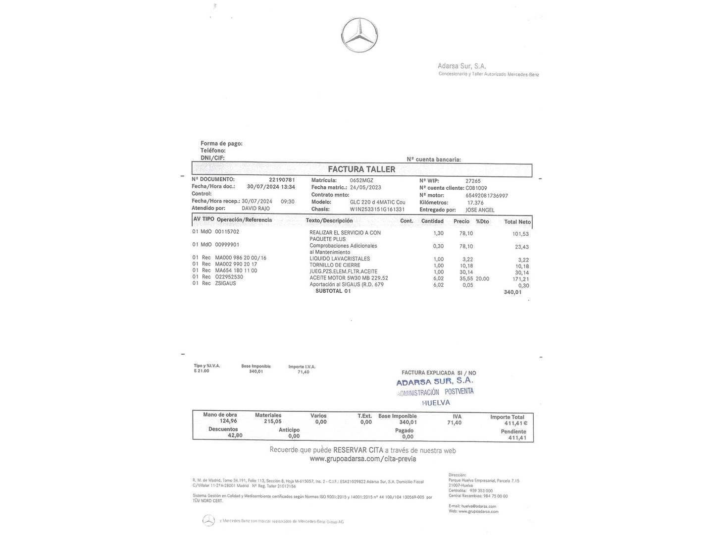 Foto del mantenimiento del Mercedes GLC Coupé Mercedes-Benz GLC Coupé GLC Coupé 220 d 4Matic (194 CV) Pack AMG