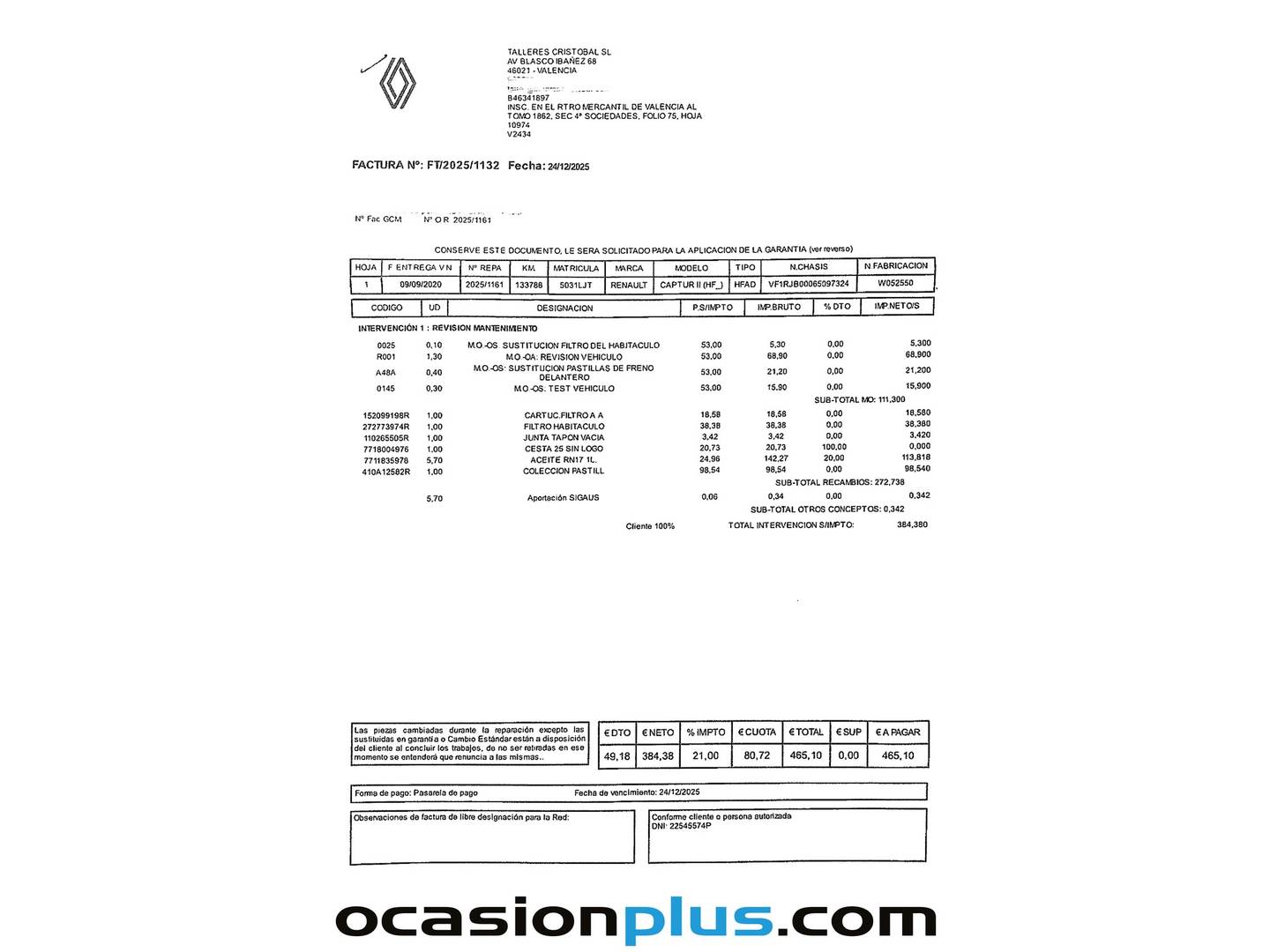 Foto del mantenimiento del Renault Captur Renault Captur Intens Blue dCi (115 CV)