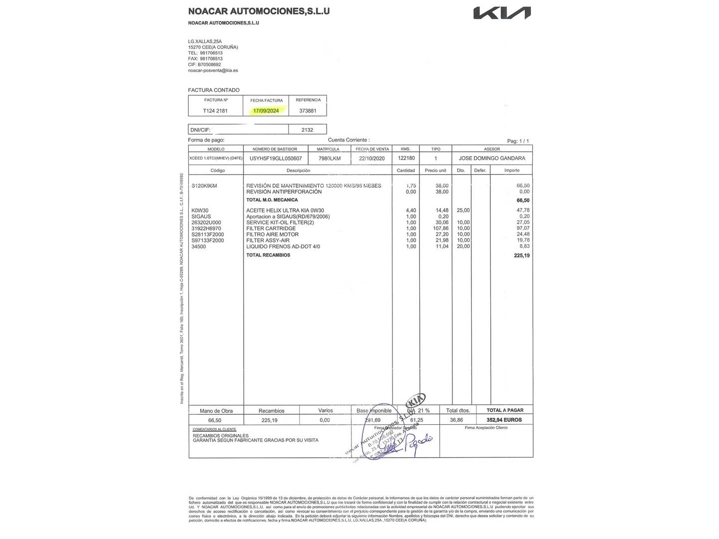 Foto del mantenimiento del KIA XCeed KIA XCeed 1.6 MHEV Emotion DCT (136 CV)