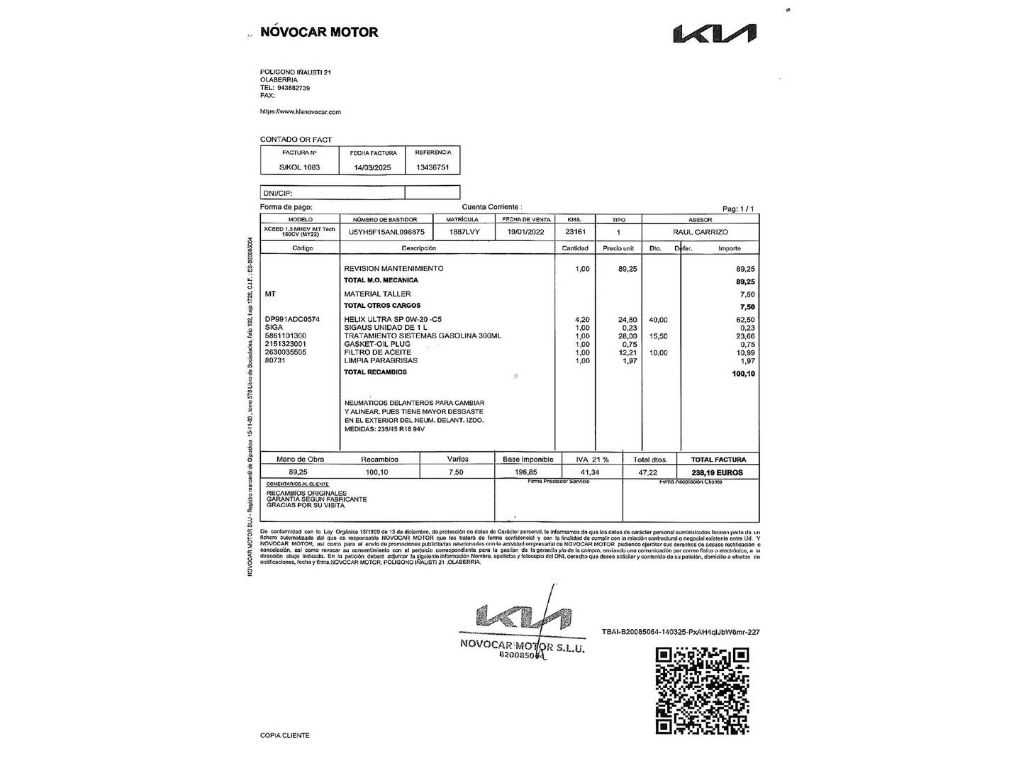 Foto del mantenimiento del KIA XCeed Kia XCeed 1.5 MHEV iMT Tech (160 CV)