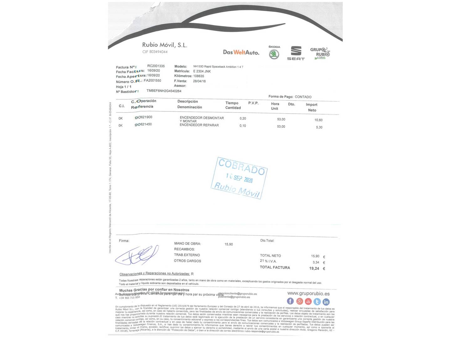 Foto del mantenimiento del Skoda Spaceback Skoda Spaceback 1.4 TDI Ambition DSG (90 CV)