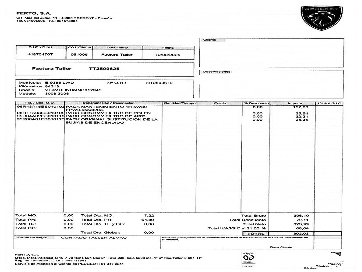 Foto del mantenimiento del Peugeot 3008 Peugeot 3008 PureTech 130 S&S Allure (130 CV)