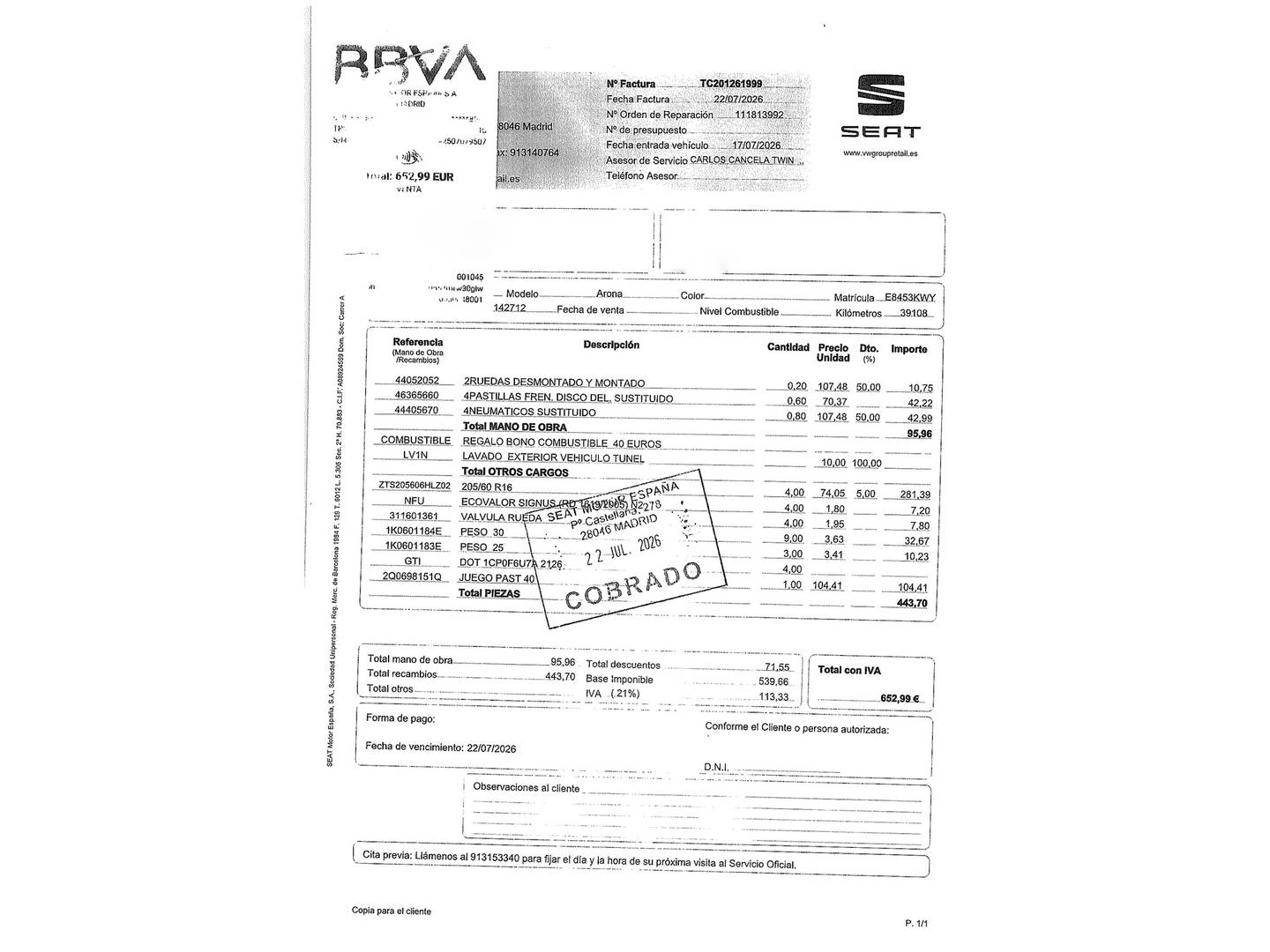 Foto del mantenimiento del Seat Arona Seat Arona 1.0 TSI S&S Reference Edition (95 CV)