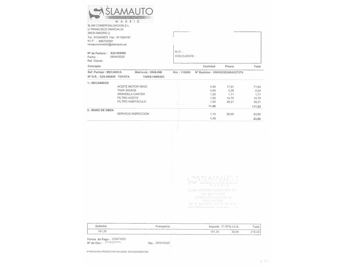 Foto del mantenimiento del Toyota Yaris Toyota Yaris 1.5 Hybrid Feel (100 CV)