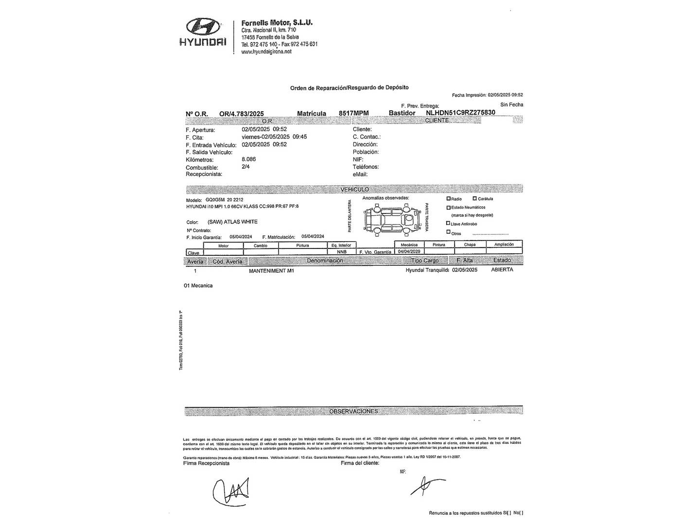 Foto del certificado del Hyundai i10 Hyundai i10 1.0 Klass (67 CV)