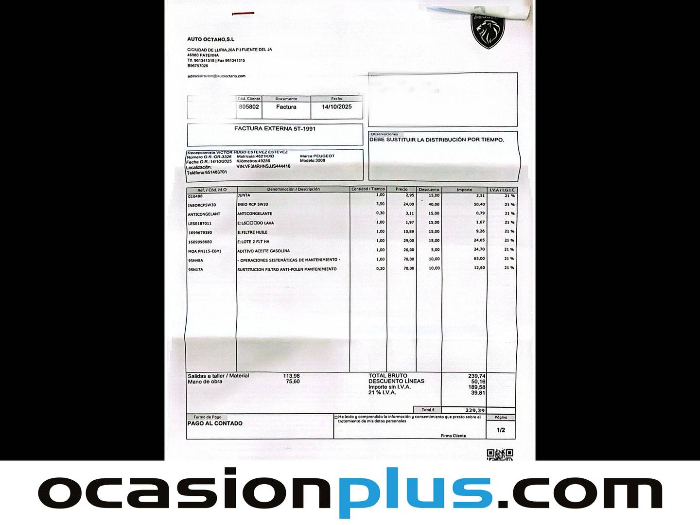 Foto del mantenimiento del Peugeot 3008 Peugeot 3008 PureTech 130 S&S Allure (130 CV)