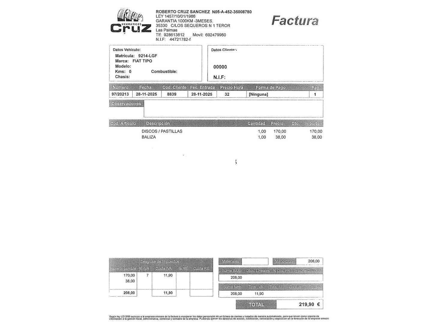 Foto del mantenimiento del Fiat Tipo Fiat Tipo 1.4 Fire Lounge (95 CV)