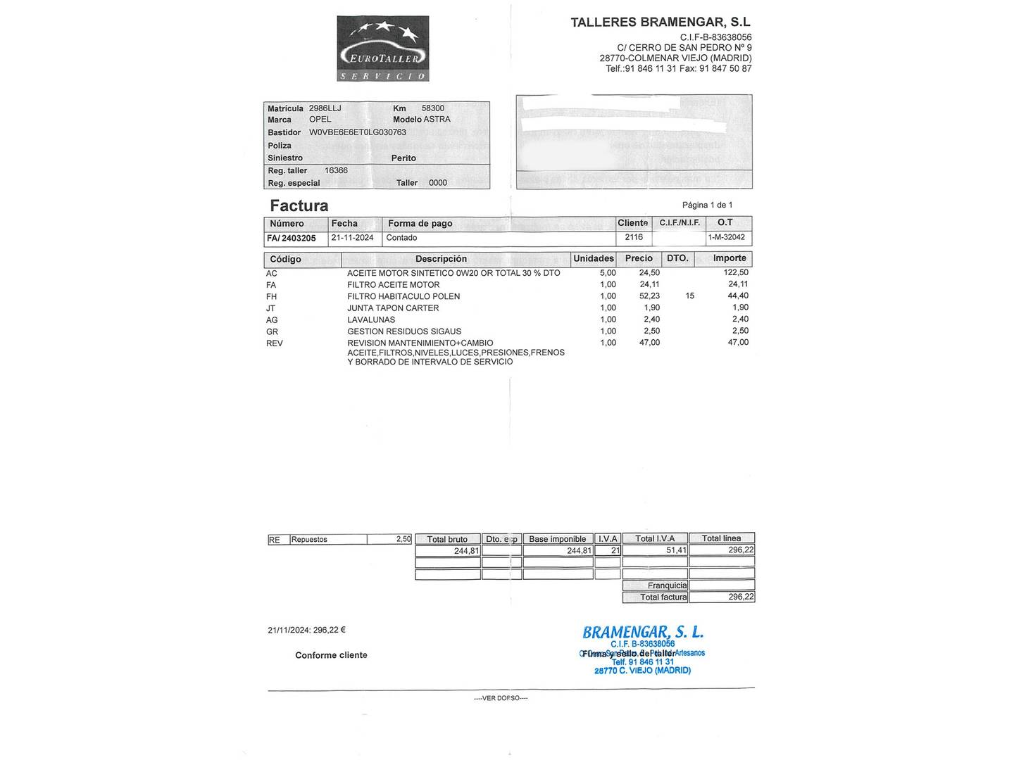 Foto del mantenimiento del Opel Astra Opel Astra 1.4 Turbo SHT Elegance CVT (145 CV)