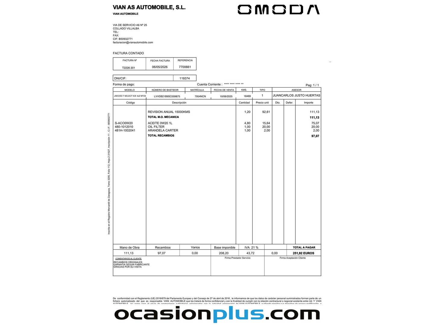 Foto del mantenimiento del JAECOO 7 Jaecoo 7 1.6 TGDI Select FWD (145 CV)
