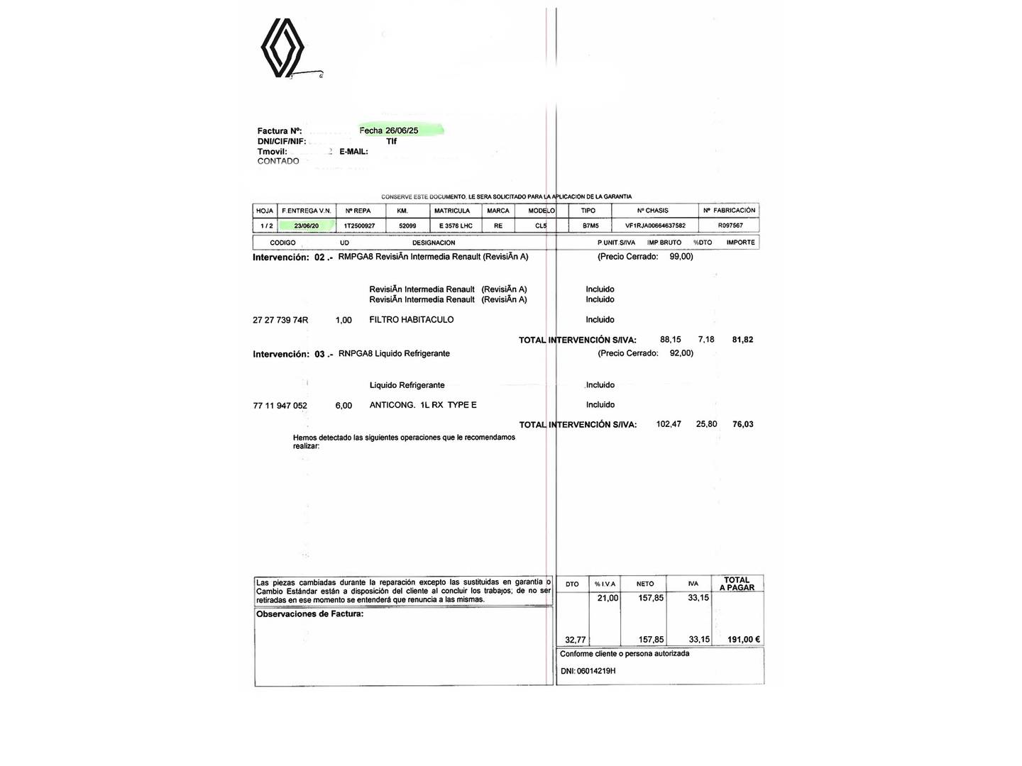 Foto del mantenimiento del Renault Clio Renault Clio Intens Sce (72 CV)
