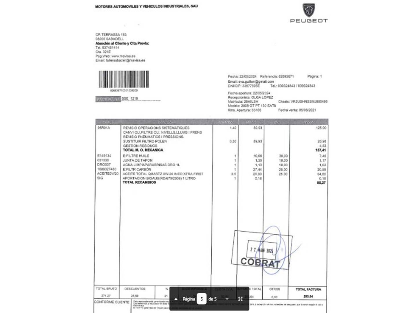 Foto del mantenimiento del Peugeot 2008 Peugeot 2008 PureTech 130 S&S GT EAT8 (130 CV)