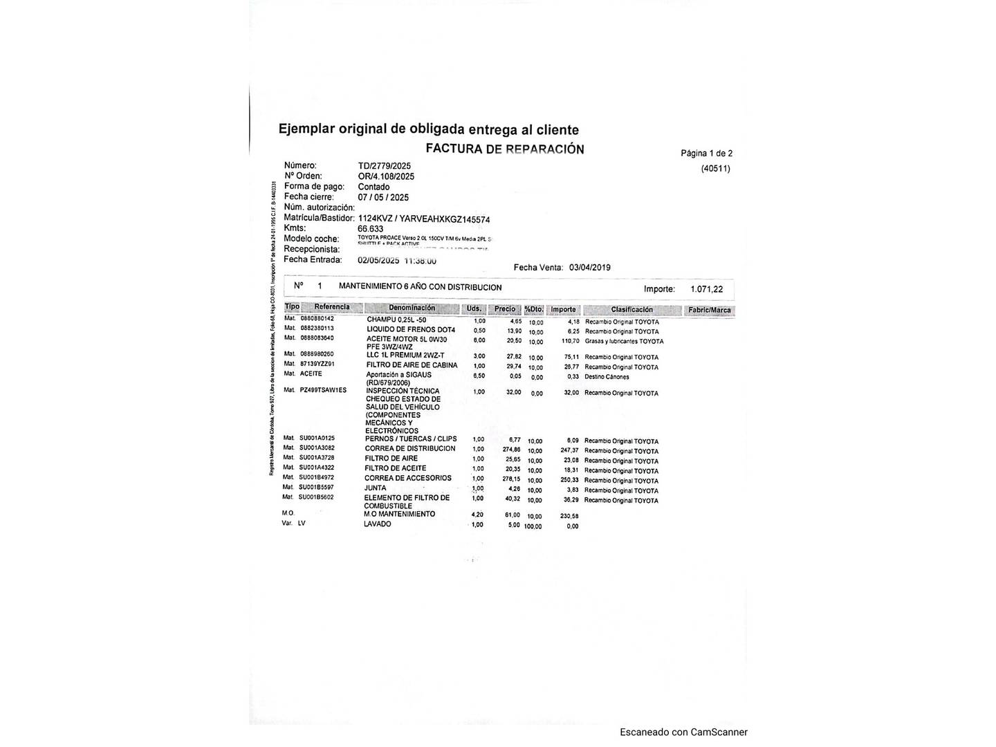 Foto del mantenimiento del Toyota Proace Verso Toyota Proace Verso 2.0 D SHUTTLE + PACK ACTIVE L1 (150 CV) 9 plazas