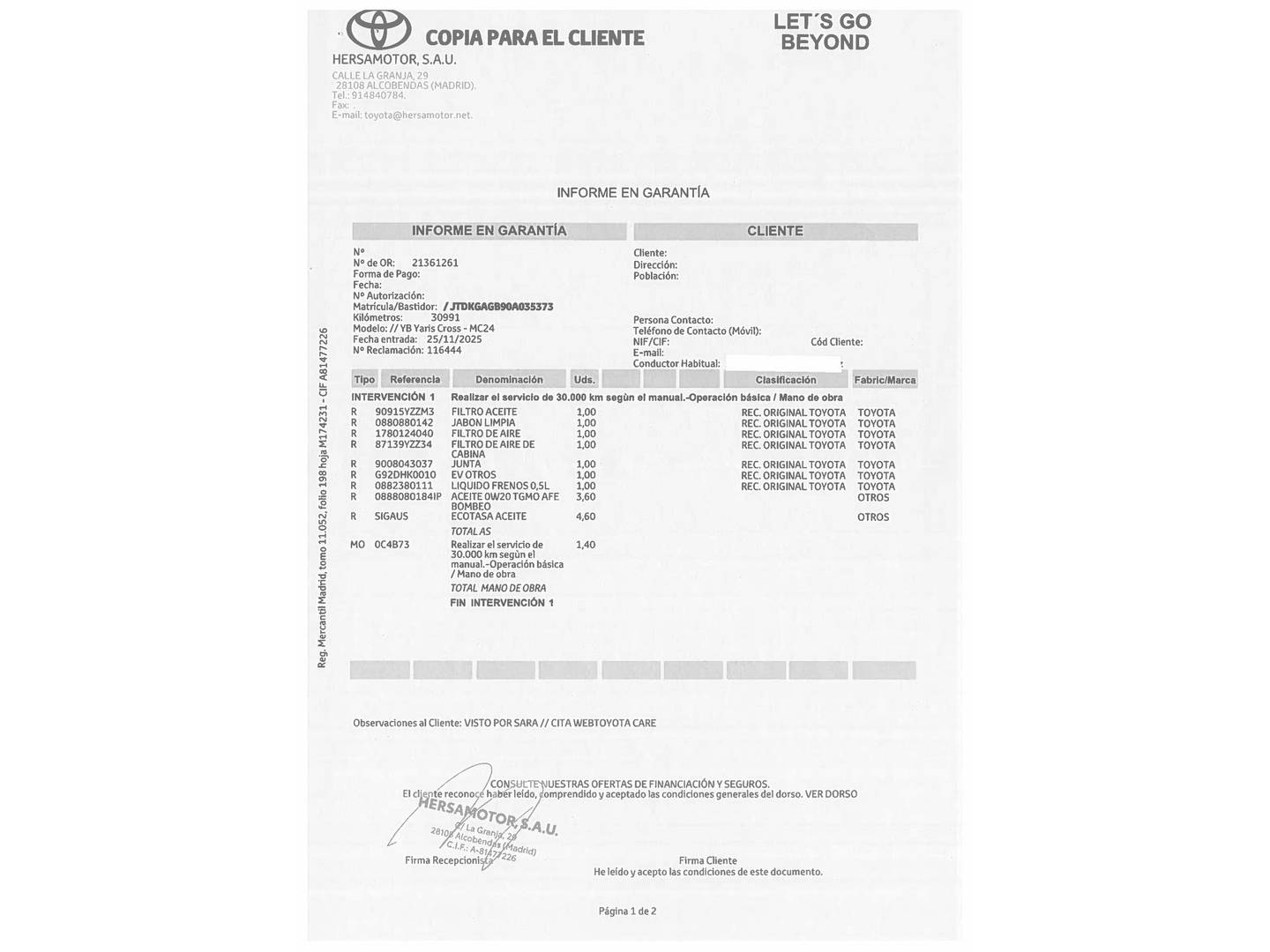 Foto del mantenimiento del Toyota Yaris Cross Toyota Yaris Cross 120H Style (116 CV)