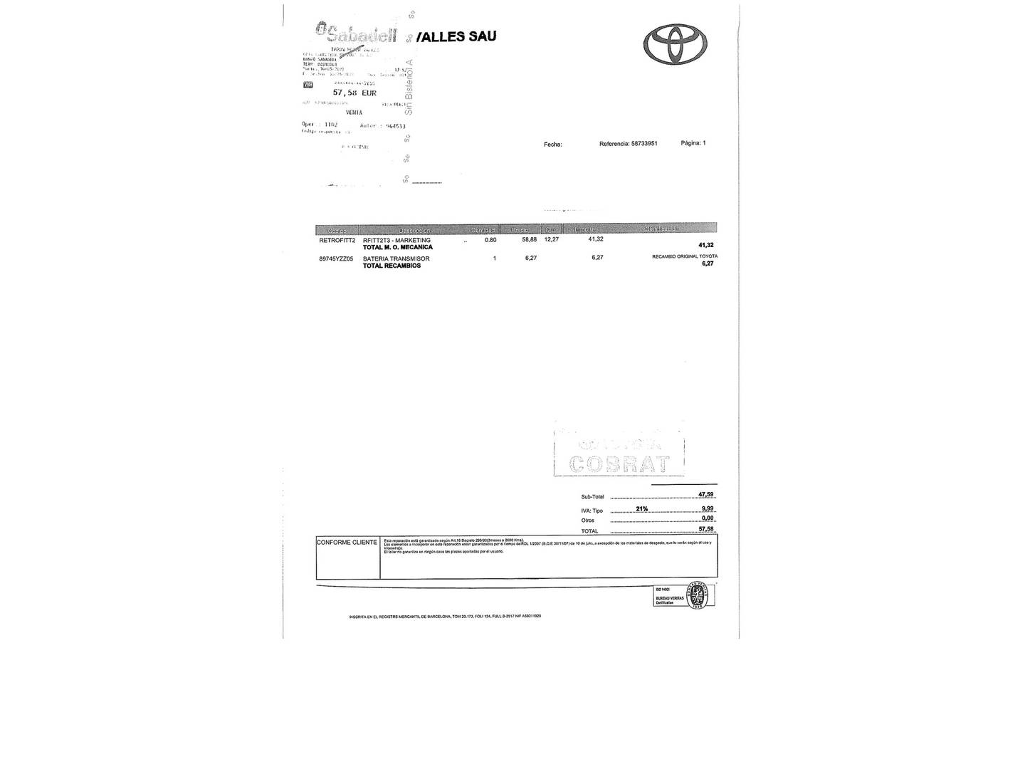Foto del mantenimiento del Toyota Corolla Toyota Corolla 125H Active E-CVT (122 CV)