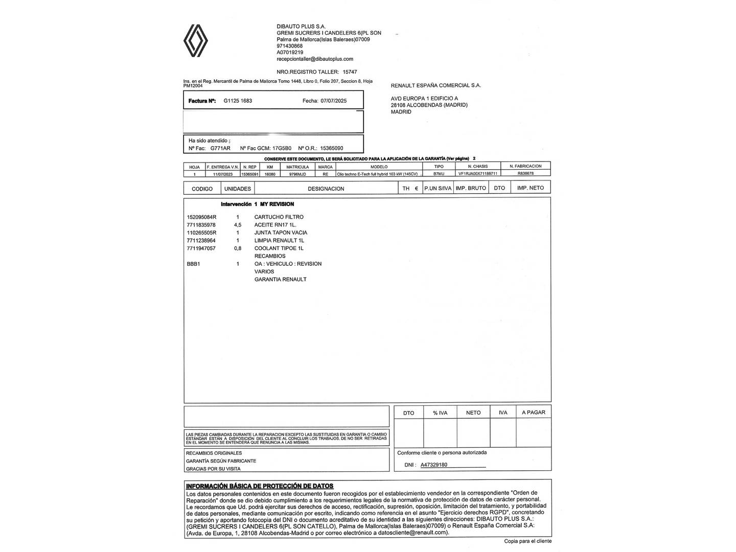 Foto del mantenimiento del Renault Clio Renault Clio Techno E-Tech Híbrido (140 CV)