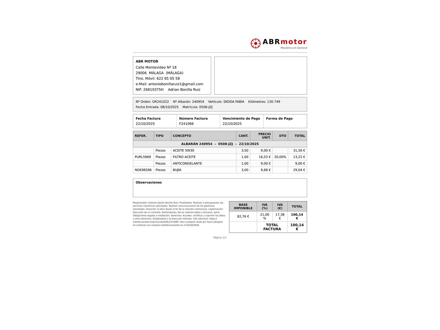 Foto del mantenimiento del Skoda Fabia Skoda Fabia 1.0 MPI Ambition (75 CV)