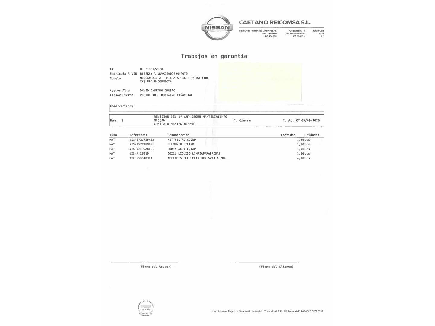 Foto del mantenimiento del Nissan Micra Nissan Micra IG-T N-Connecta (100 CV)