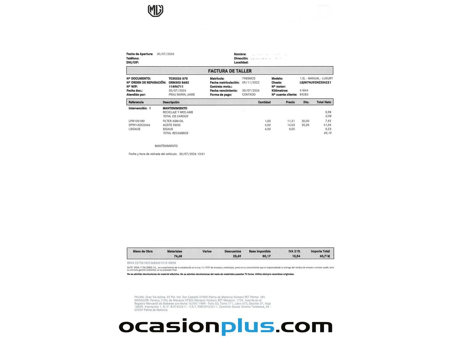 Foto del mantenimiento del MG ZS MG ZS 1.5 Luxury (106 CV)