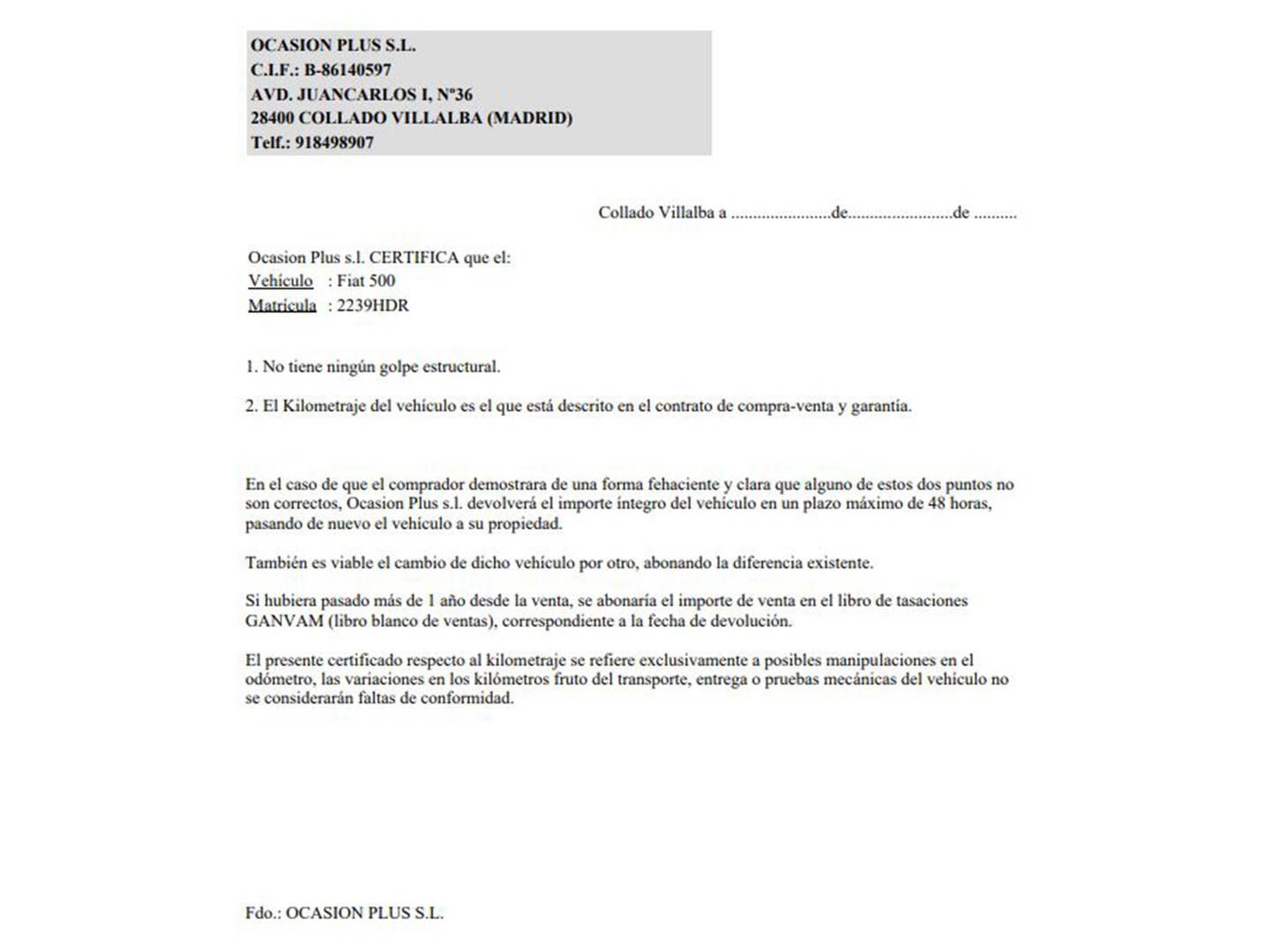 Foto del certificado del Fiat 500 Fiat 500 0.9 Turbo TwinAir (85 CV)