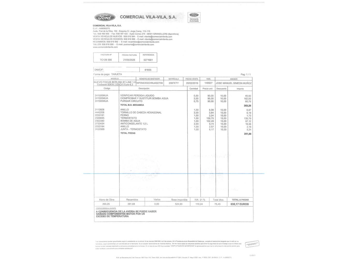 Foto del mantenimiento del Ford Focus Ford Focus 1.0 Ecoboost S&S ST-Line (125 CV)