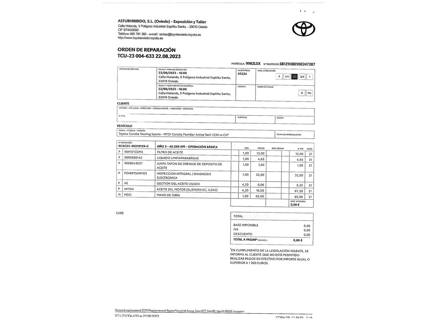 Foto del mantenimiento del Toyota Corolla Toyota Corolla Touring Sports 125H Active Tech E-CVT (122 CV)