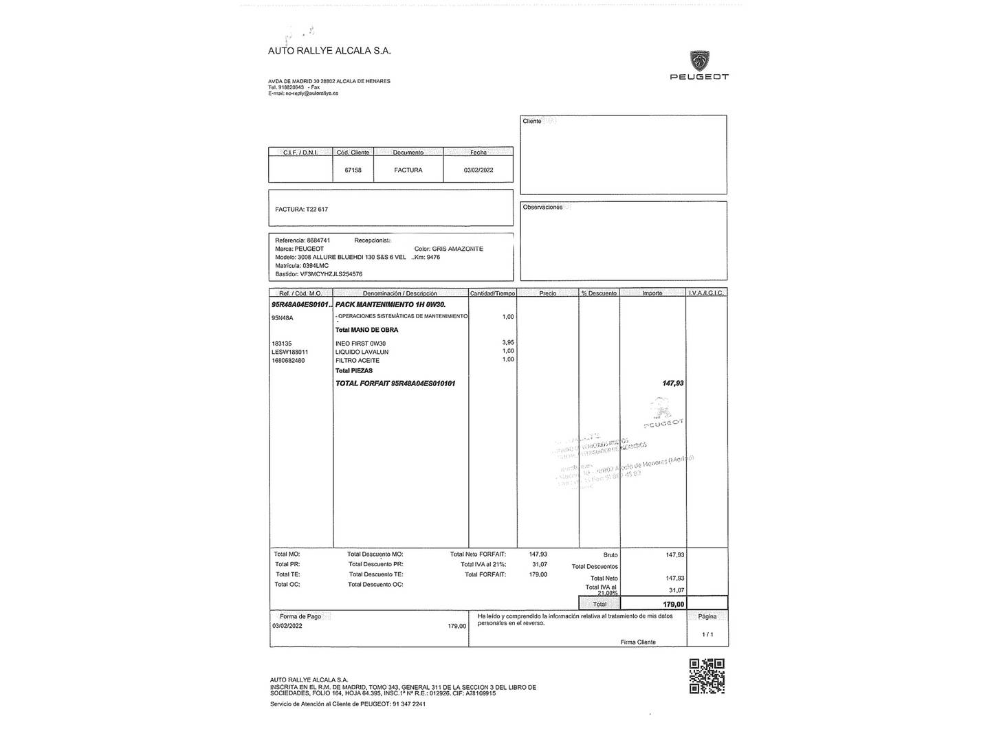 Foto del mantenimiento del Peugeot 3008 Peugeot 3008 BlueHDI 130 S&S Allure (130 CV)