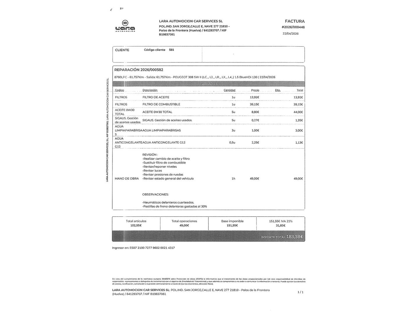 Foto del mantenimiento del Peugeot 308 Peugeot 308 SW SW GT Pack BlueHDi 130 S&S EAT8 (130 CV)