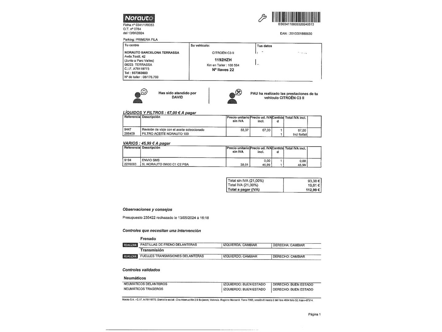 Foto del mantenimiento del Citroën C3 Citroën C3 PureTech 68 Tonic (68 CV)