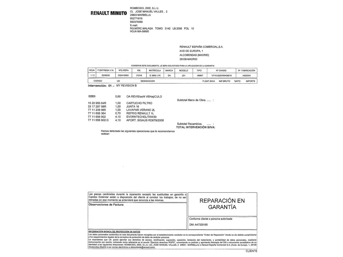 Foto del mantenimiento del Dacia Duster Dacia Duster Essential TCE (100 CV) 4X2 GLP