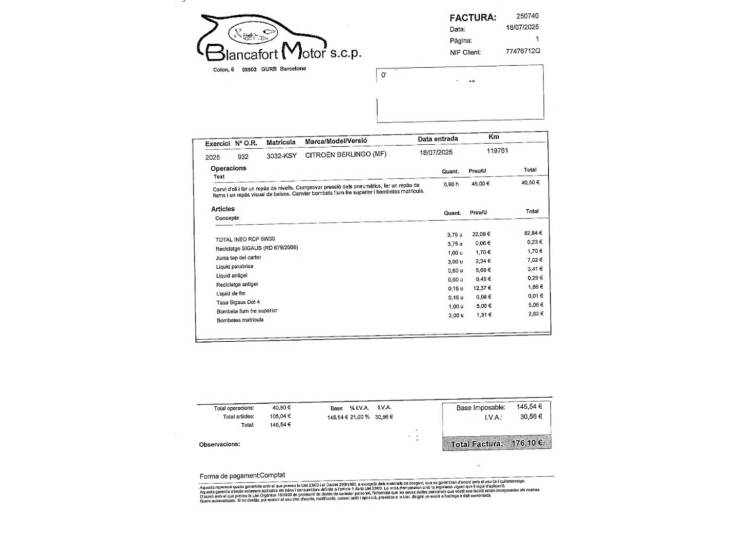 Foto del mantenimiento del Citroën Berlingo Citroen Berlingo BlueHDi 130 S&S Talla M Shine (130 CV)