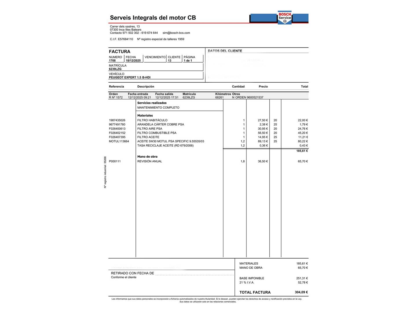 Foto del mantenimiento del Peugeot Expert Peugeot Expert Furgon BlueHDi 100 Premium Long (102 CV)