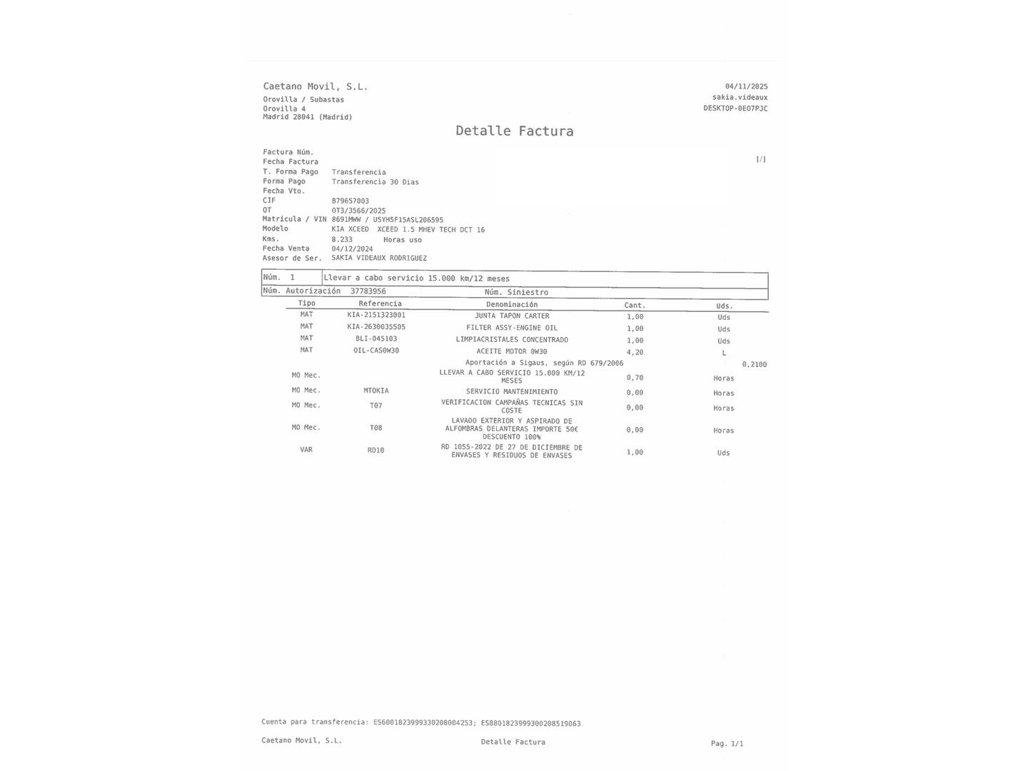 Foto del mantenimiento del KIA XCeed Kia XCeed 1.5 MHEV iMT Tech (140 CV)